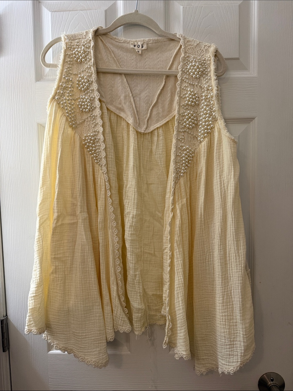 Pol cotton pearl embellished open vest cardigan